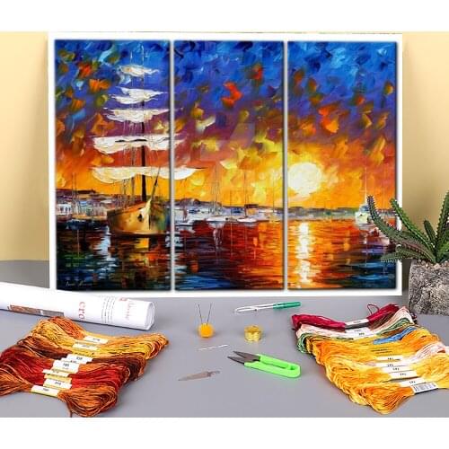 The Sunset Sailer Printed Fabric 11CT Cross-Stitch Complete Kit DIY Embroidery DMC Threads Handiwork Hobby Craft Promotions