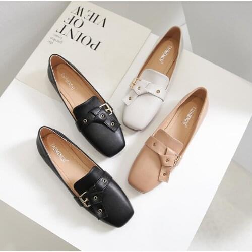 Fashion Belt Buckle Casual Flat Shoes Woman Summer Breathable Comfortable Soft-Soled Loafers Square Head Shallow Flat Women Shoe