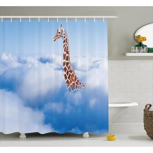Giraffe Shower Curtain Aerial Scenery of a Flying Giraffe in Fluffy Clouds Heaven Fantasy for Animals Themed Bathroom Curtains