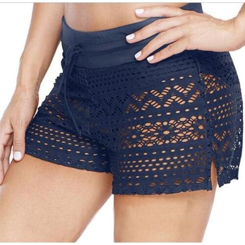 Drawstring Crochet Panel Slit Swim Bottom New Beach Shorts 2021 Women Ruched Bikini Bottoms Swimsuit Swimming Shorts