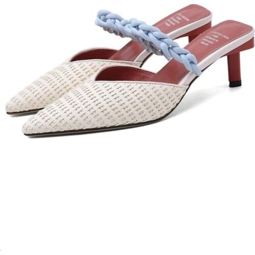 New Style Korean Version Genuine Leather Ladies Shoes Cigarette Tube Thin Heigh Heels Womens Mullers Slippers