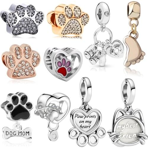 Cute Pet Dog Palm Pendant DIY Fit Original Pandora Charms Bracelet Women Clear CZ Cartoon Cat Paw Print Beads for Jewelry Making