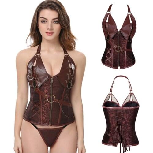 Women Corset Sexy Steampunk 14 Plastic Boned Zipper Femme Faux Leather Overbust Corset Top with G-string Sexy Lingerie Push Up