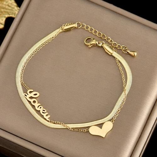 Womens Luxury Stainless Steel Bracelet Butterfly Heart Shape Letter Pendant Rose Gold Layered Bracelet Womens Costume Jewelry