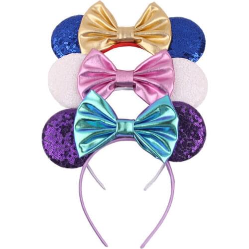 Disney 1pc Cartoon Mickey Sequin Bow Embroidery Baby Headband Fashion Cute Childrens Hair Accessory