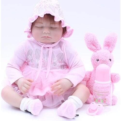 48cm Cloth Body Lifelike Toddler Sleeping Baby Girl with Pink Plush Rabbit Best Kids Gifts Silicone Reborn Baby Dolls
