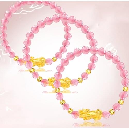 999 Pure 24K Yellow Gold Bracelet Women 3D Luck Pixiu With Gold Bead With Pink Quartz Beads Bracelet