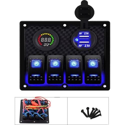 12v-24V Car Boat Rocker Switch Panel Digital Voltmeter Dual USB Charger 4 Gang Led Rocker Marine Switch Panel Circuit Breaker