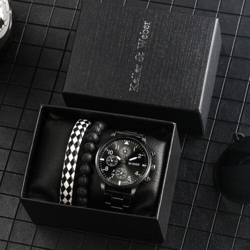 Classic Men Black Gift Box Quartz Numerals Clock Stainless Steel Strap Safety Folding Buckle 2 Bracelets Exquisite Gift for Male