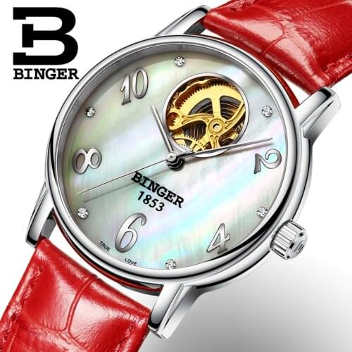 Switzerland Binger Womens watches Skeleton luxury clock leather strap auto Self-wind Tourbillon mechanical Wristwatches B553-2
