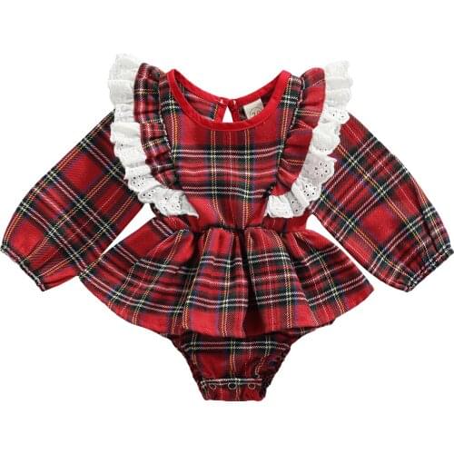 Wallarenear 0-24M Newborn Infant Baby Girl Autumn Bodysuit Long Sleeve Plaid Red Patchwork Dress Jumpsuit Fashion Clothing