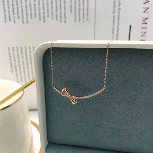 Geometric Crystal Pendant Necklace White Zircon Dainty Bowknot Necklace Fashion Rose Gold Silver Color Chain Necklaces For Women