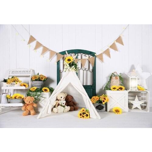 HUAYI Photography Backdrop Sunflowers Wood Door Tent Photo Background Baby Child 1st Birthday Cake Smash Studio PhotocallsW-4353