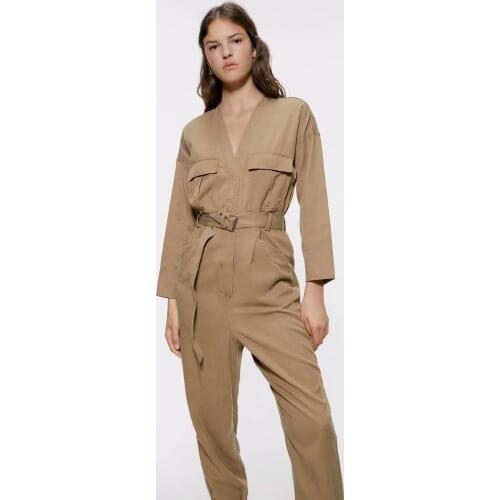 2020 New Arrival Casual Fashion Rompers Womens Sets Long Sleeve Pocket Design Belt Jumpsuits For Women Elegant Overalls Female