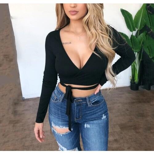 Fashion Women Wrap Crop Top Sexy Deep V Neck Knot Front Long Sleeve Solid Leisure Basic Bodycon Slim Tee Casual Strappy T Shirt