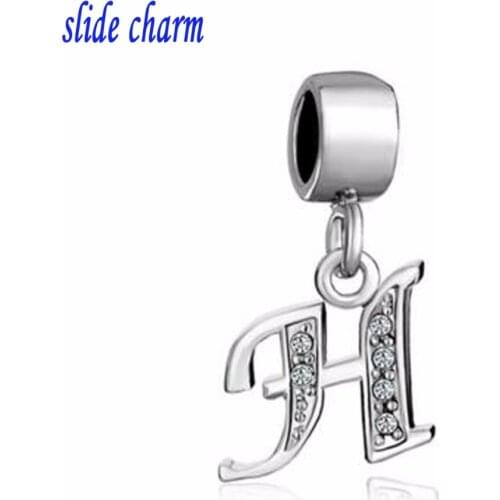 Slide charm Free shipping H letter white crystal pendant holiday gift amulet charm jewelry Bead fit Pandora bracelet