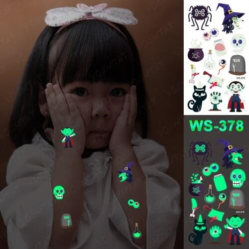 Luminous Waterproof Temporary Tattoo Sticker Witch Skull Vampire Halloween Night Glowing Tatto Woman Child Kids Boy Fake Tatoo