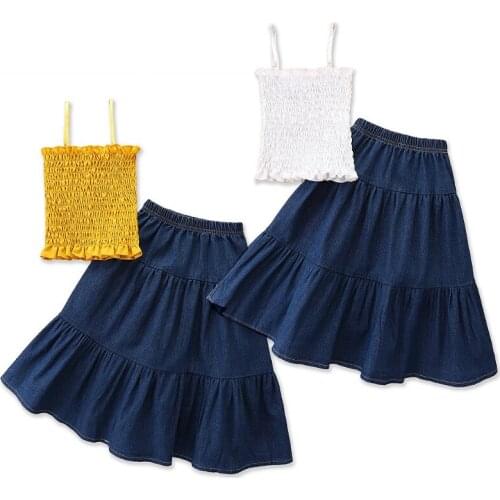 2021-04-06 Lioraitiin 2Pcs 2-7Years Toddler Baby Girls Outfit Sweet Style Solid Sleeveless Suspender Top Long Denim Skirt