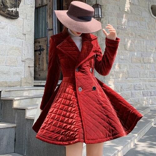 Wine Red Velvet Cotton Padded Parkas Coat Women Double Breasted Winter Slim Casual Work Skirt Velvet Jacket Korean Long Coat