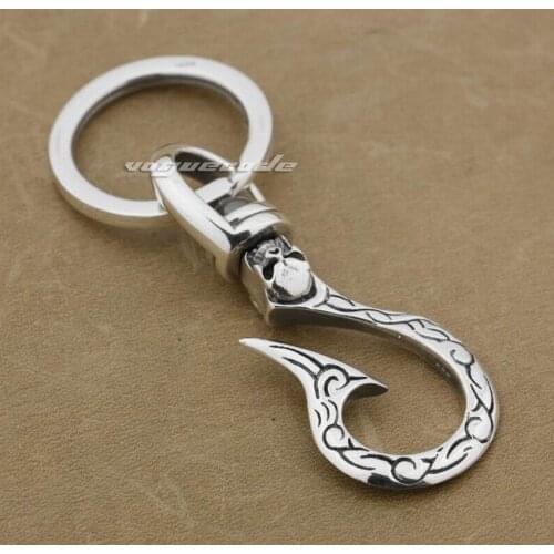 Solid 925 Sterling Silver Skull Hook Keychain Belt Clip 8J016