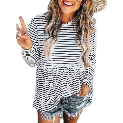 2021 European And American New Style Striped Long-Sleeved t-Shirt Women Autumn Lace Stitching Round Neck Waist Top Women