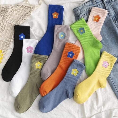 2020 Womens Socks New Fashion Japanese Street Harajuku Retro Style floral Print Solid Color Soft Pure Cotton Comfortable Lovely