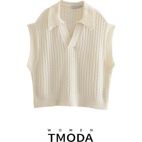 TMODA980 2021 Women Vintage Turn Down Collar Check Plaid Solid Knitting Sweater Female Casual Loose Vest Chic Pullovers Tops