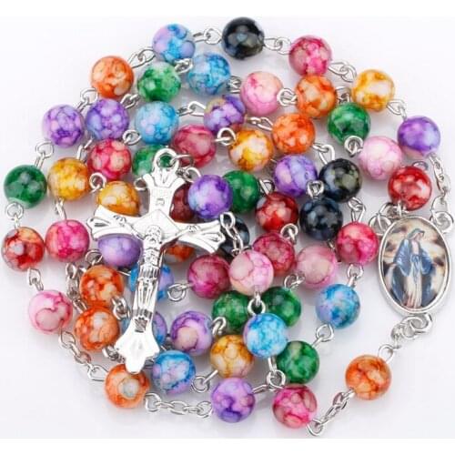 12PC Catholic Rosary Cross Pendant Necklace Statement Colorful Acrylic Crystal Beads Prayer Religious Necklace For Women