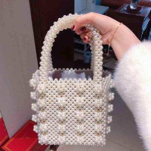 2021 Niche Womens Boutique Fashion Pearl Handmade Protable Beaded Dinner Evening Bags Female Small Mini Square Handbag Box
