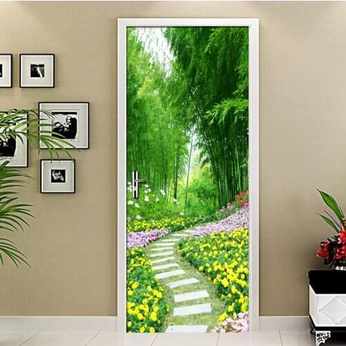 3D Door Stickers Mural Wallpaper Forest Path Flowers Mural Bedroom Living Room Sticker Wall Home Decoration Poster Photo Tapety