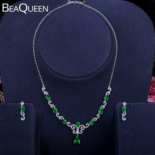 BeaQueen Green Water Drop Crystal Micro Paved Cubic Zircon Engagement Wedding Earring Necklace Jewelry Sets for Brides JS267