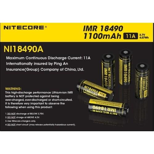 Free Shipping Nitecore NI18490A IMR 18490 IMR18490 1100mAh 3.7V 11A Battery for High Drain Devices