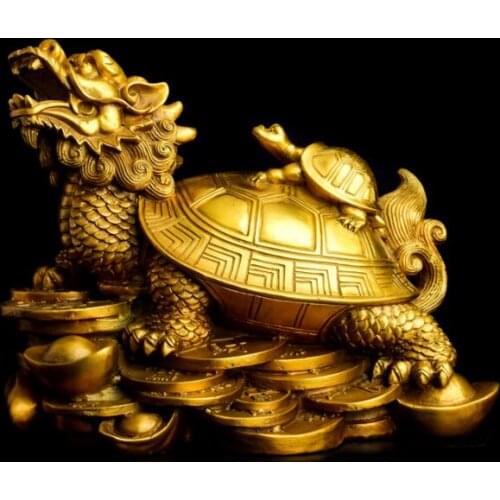 26 CM LARGE # office home protective-efficacious Talisman House Protection Money Drawing Dragon Turtle FENG SHUI Brass statue