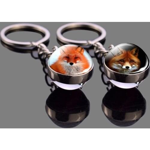 Fox Keychain Glass Ball Pendant Red Fox Stuff Key Rings Animal Key Chain Glass Cabochon Ball Jewelry Men Women Fashion Gifts