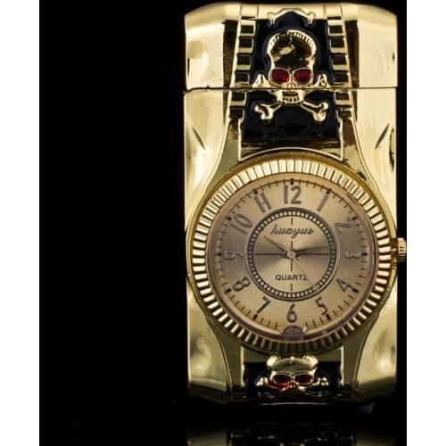 Skull modeling Clock Watch Quartz Lighter Compact Butane Jet Torch Cigarette Cigar Straight Fire Lighter NO GAS Men Gift