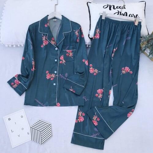 Chicnymph Pyjamas Women Silk Satin Pajamas Set Print Turn-down Collar Sleepwear Long Sleeve Pijama Female Two Piece Set Homewear