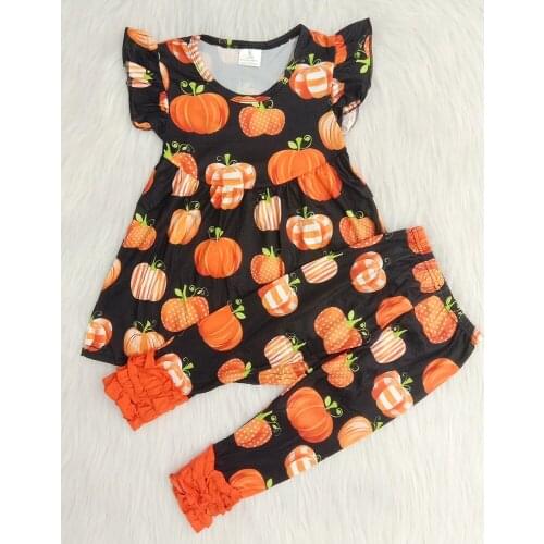 Halloween kids clothing girl holiday short sleeve outfit boutique clothing set girl pumpkin pattern outfit with icing ruffle