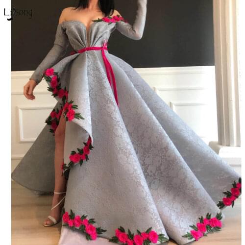 Elegant Gray Lace Evening Dresses With Full Sleeves Off The Shoulder Flower Appliques Long Evening Gowns Abendkleider 2019