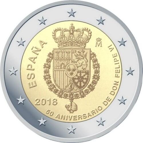 Spain 2018 50th Anniversary of King Philip VI 2 Euro Real Original Coins True Euro Collection Commemorative Coin Unc