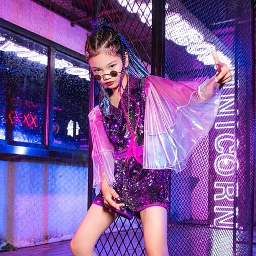 Purple Sequins Set Fashion Tailing Catwalk Show Costume For Girls Jazz Hip Hop Street Dance Performance Stage Clothing YS2300