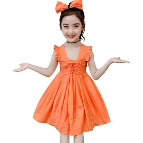 Girl Summer Dresses Solid Color Girls' Dresses Ruffles Children Party Dresses Casual Style Girls Clothes 6 8 10 12 14