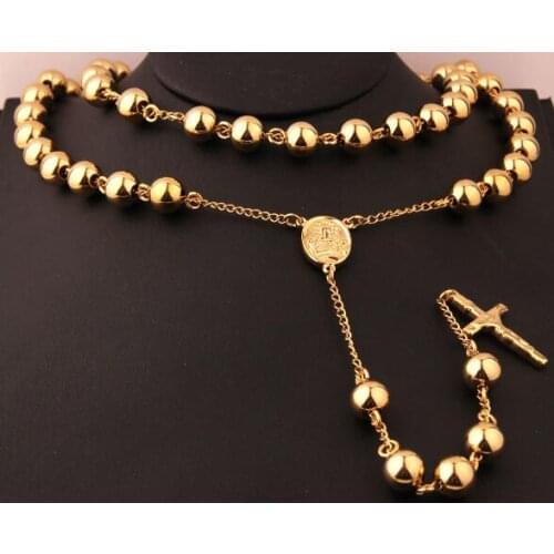 Mens religious Jewelry Gold Heavy Stainless steel 8mm Ball Jesus Cross Rosary Necklace Chain 30''+5