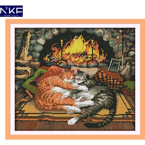 NKF Sleeping Cat Cross Stitch Pattern Handmade Craft Painting Needlework Embroidery Kit Animal Cross Stitching for Home Decor