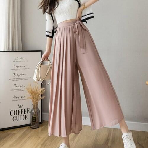 Solid Color Pink Blue Pleated Long Korean Fashion High-Waisted Summer WomenS Clothing Skirt Pants Women Vetement Femme 2021