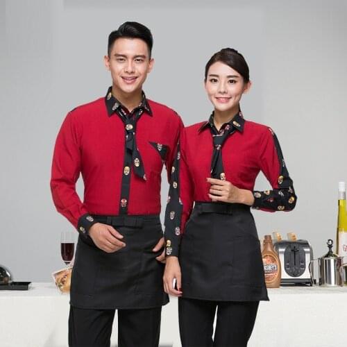 Hotel Workwear Long Sleeve Womens Waitress Uniform Food and Beverage Restaurant Hot Pot Shops Waiter Men Overalls Jacket H2398