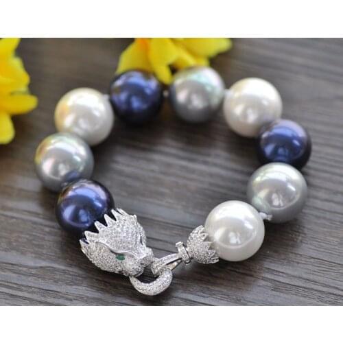 P7501 8" 20mm White Blue Gray Round South Sea Shell Pearl Bracelet Cougar CZ