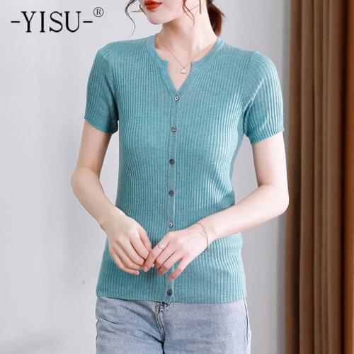 YISU Simple Summer Cardigan Women V-Neck Slim Cardigan Coat Solid color Short sleeve sweater thin Knitted Coats Female