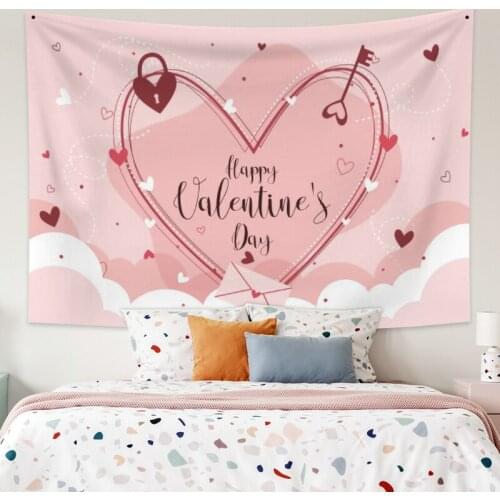 Happy Valentines Day Pink Tapestry Vintage Exotic Summer Plant Nature Frame for Bedroom Photography Wall Decor