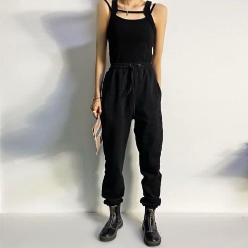 Loose ankle-length trousers, high-waist lace-up elastic waist trousers, solid color letter embroidery sports casual pants
