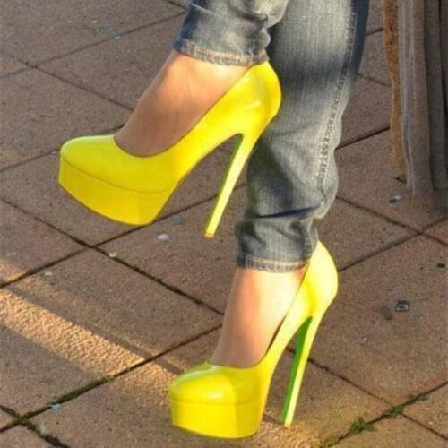Lemon Yellow Patent Leather Super Heels Pumps High Platform Pointed Toe Dress Shoes Sexy Models Evening Prom Shoes High Heels